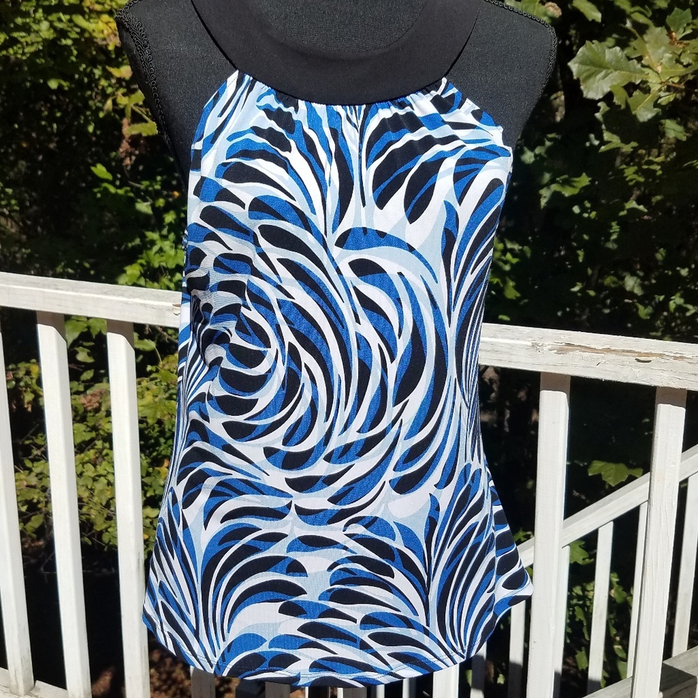 Tahari Womens Halter Blue Black White  Top XS Sleeveless